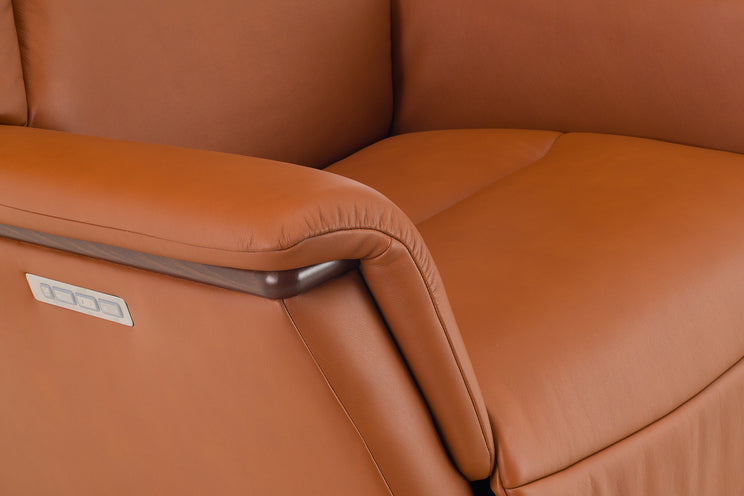 Brown leather recliner with visible brand logo on a close-up shot.